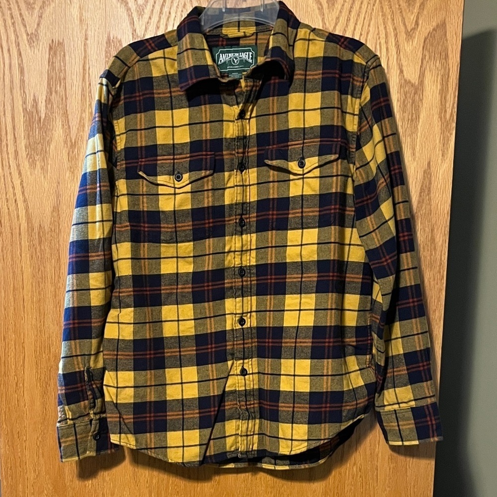 American Eagle Outfitters Men's Yellow and Navy Plaid Shirt